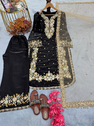Black Plus Size Tissue Silk Embroidery Work Palazzo Suit UK Next Day