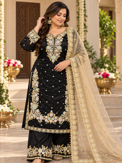 Black Plus Size Tissue Silk Embroidery Work Palazzo Suit UK Next Day