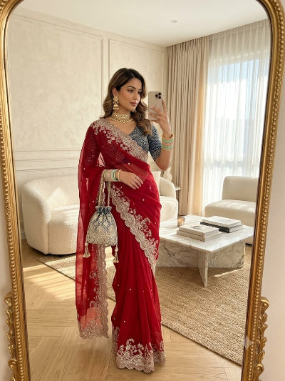 Red Embroidery Work Ready to Wear Saree with Free Blue Embroidered Stitched Blouse UK Next Day