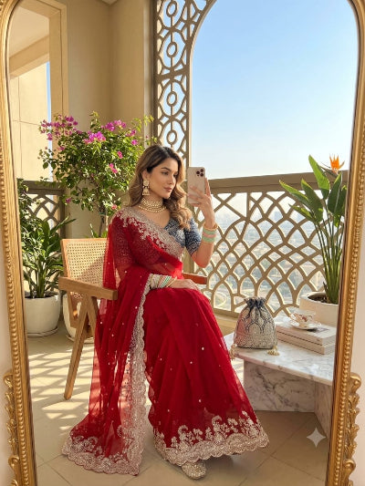 Red Embroidery Work Ready to Wear Saree with Free Blue Embroidered Stitched Blouse UK Next Day