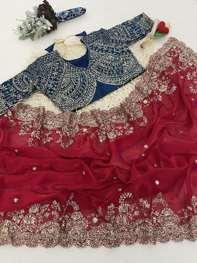 Red Embroidery Work Ready to Wear Saree with Free Blue Embroidered Stitched Blouse UK Next Day