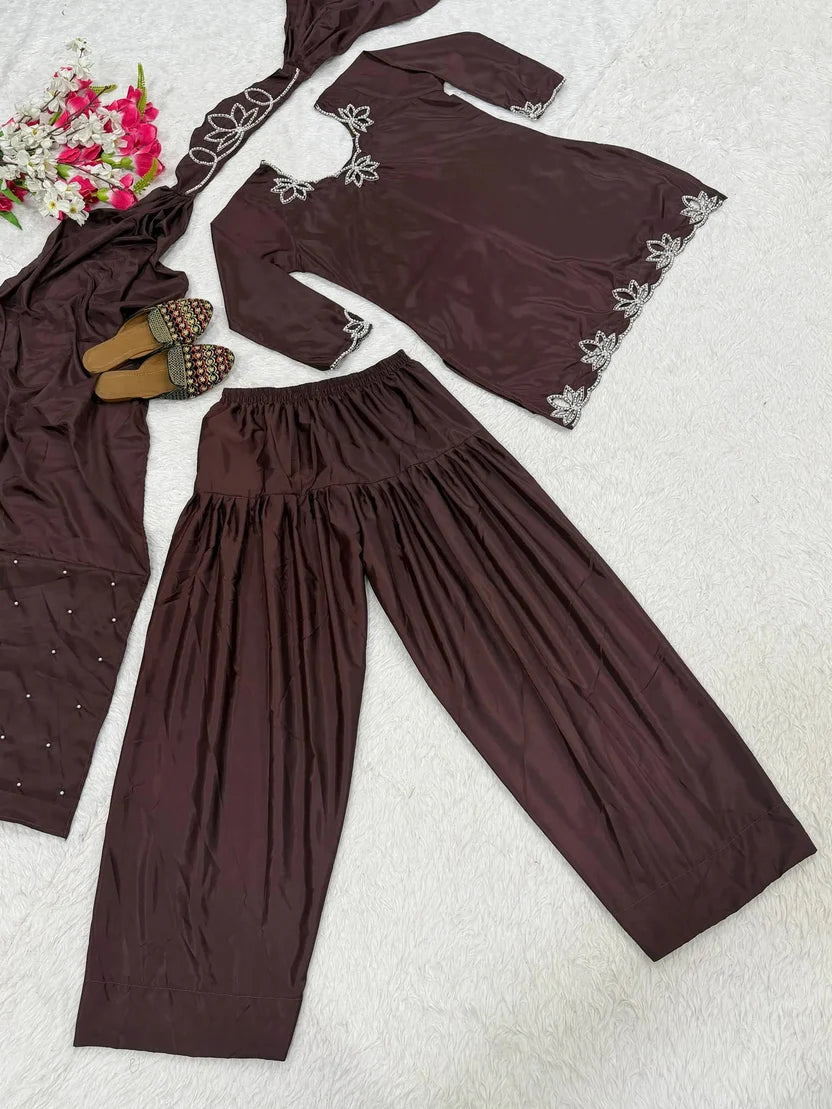 Chocolate Brown Embroidered Farshi Salwar Suit Set