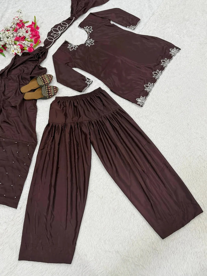 Chocolate Brown Embroidered Farshi Salwar Suit Set