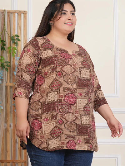 Plus Size Brown Printed Top