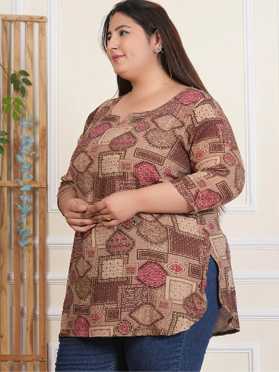 Plus Size Brown Printed Top