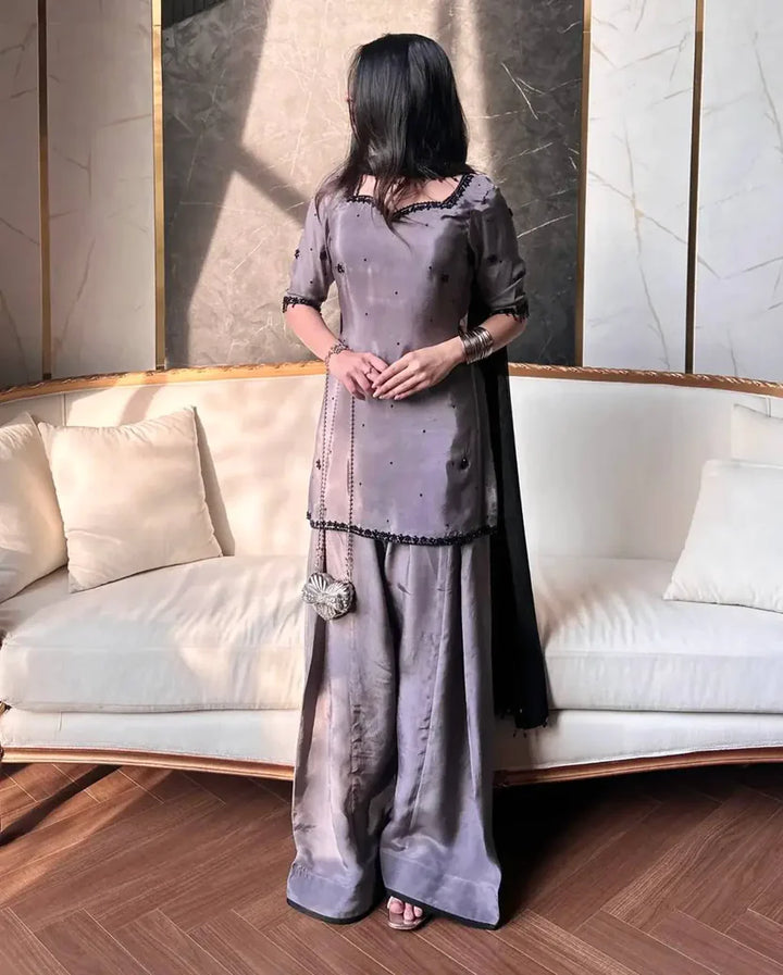 Moonstone Grey Embroidery Work Farshi Suit