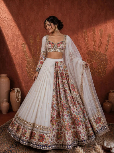 White Georgette Mirror &amp; Sequin Work Lehenga Choli Set