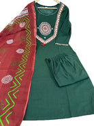 Bottle Green Cotton Handwork Salwar Suit With Red Dupatta - BONYHUBSALWAR KAMEEZ