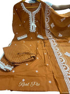 Rust Brown Pure Cotton Embroidered Yoke Straight Suit Set - BONYHUBSALWAR KAMEEZ