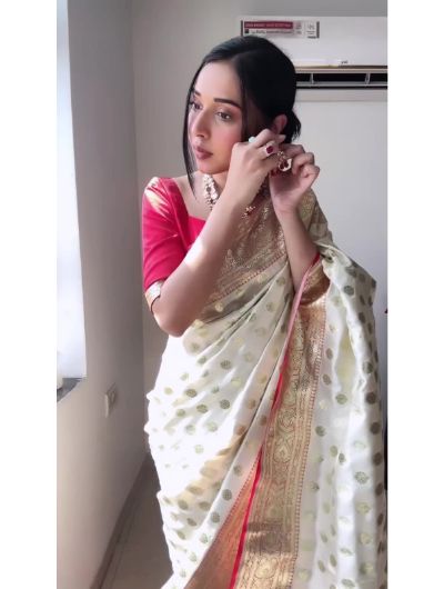Cream Red 1 Minute Banarasi Saree Ready to Wear Sari UK Next Day - BONYHUBSAREE