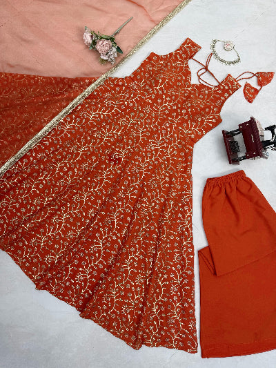 Orange Sleeveless Partywear Anarkali Palazzo &amp; Dupatta