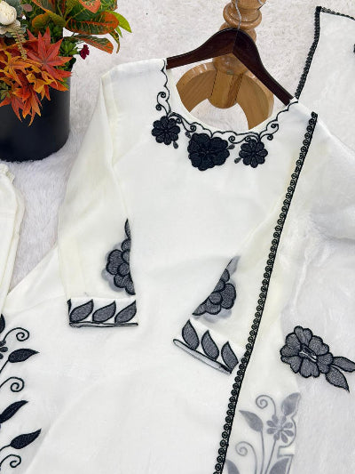 White Ethnic Black Embroidery Work Farshi Suit