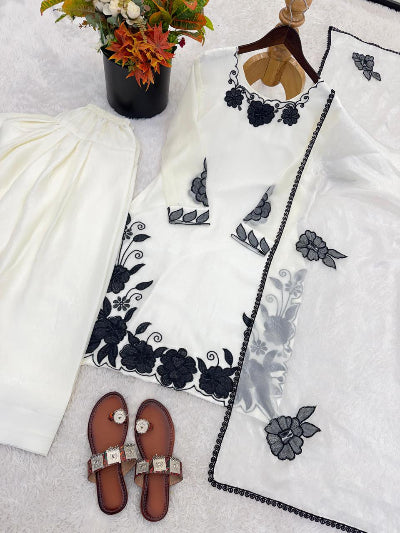 White Ethnic Black Embroidery Work Farshi Suit