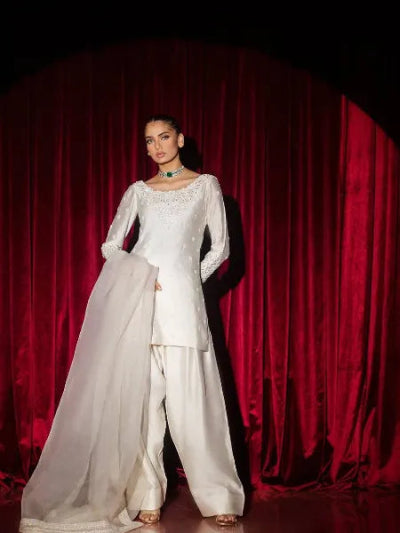 White Sequins Thread Work Farshi Suit Set