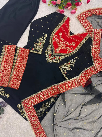 Black Sequence Embroidery Work Designer Kurti Palazzo Dupatta Set