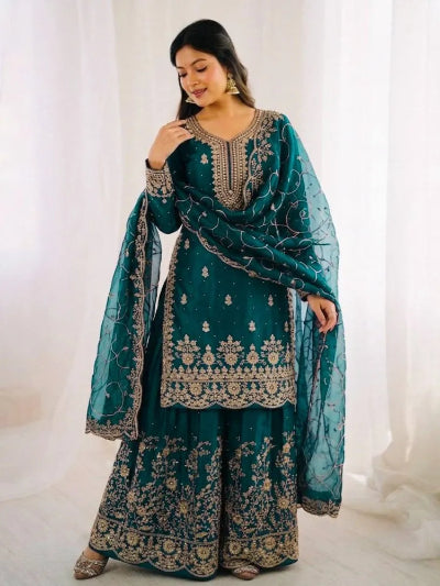 Teal Blue Embroidered Sharara Palazzo Suit UK Next Day