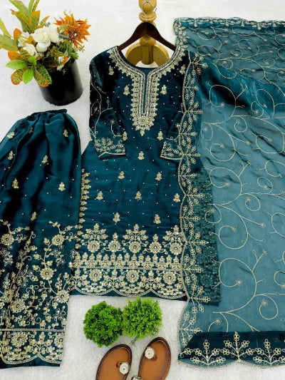 Teal Blue Embroidered Sharara Palazzo Suit UK Next Day