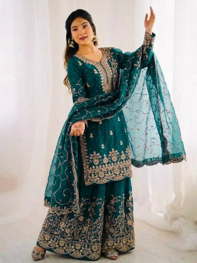 Teal Blue Embroidered Sharara Palazzo Suit UK Next Day