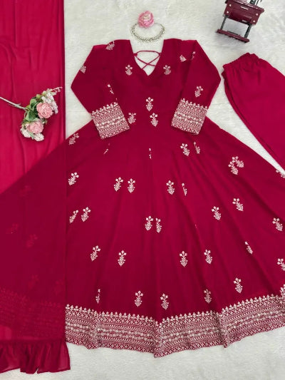 Deep Red Georgette Anarkali Gown Set with Dupatta
