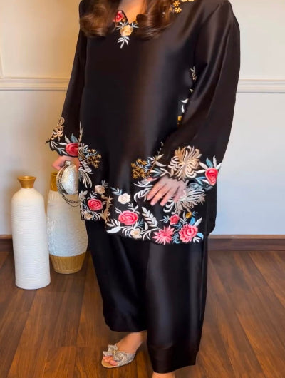 Black Rayon Satin Floral Kurti Palazzo Set Of 2
