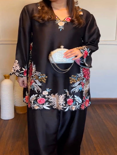 Black Rayon Satin Floral Kurti Palazzo Set Of 2
