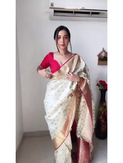 Cream Red 1 Minute Banarasi Saree Ready to Wear Sari UK Next Day - BONYHUBSAREE