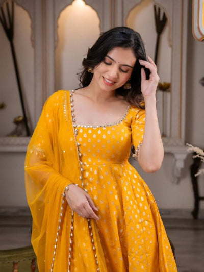 Yellow Chanderi Jacquard Mirror Work Anarkali Suit Set