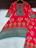 Plus Size Red Satin Silk Printed Mirror Work Kurti Palazzo Set - BONYHUBSALWAR KAMEEZ