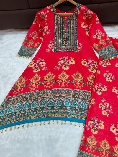 Plus Size Red Satin Silk Printed Mirror Work Kurti Palazzo Set - BONYHUBSALWAR KAMEEZ