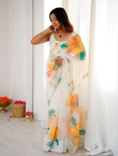 Floral Pearl Embroidered Sari with Unstiched Blouse