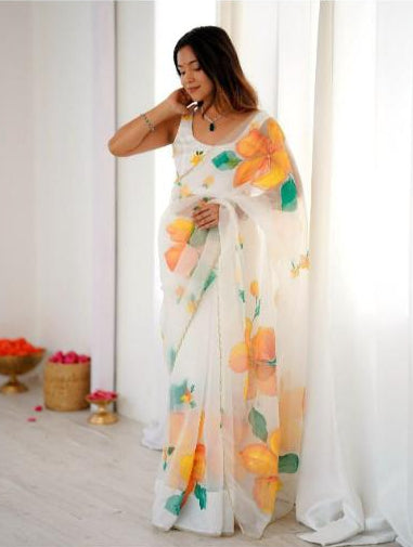 Floral Pearl Embroidered Sari with Unstiched Blouse