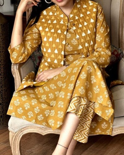 Mustard Yellow Cotton Kurti Pant With Quilted Warm Jacket - BONYHUBSALWAR KAMEEZ