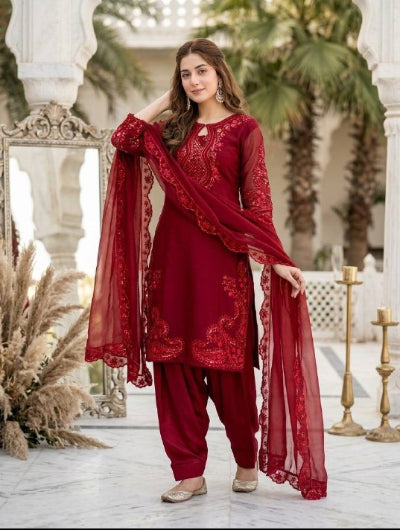 Deep Red Embroidered Farshi Suit Set