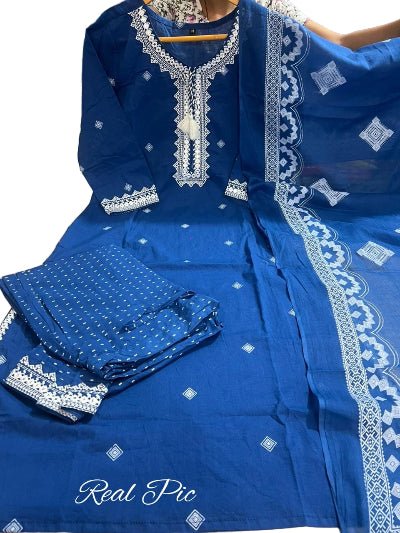Blue Pure Cotton Embroidered Yoke Straight Suit Set - BONYHUBSALWAR KAMEEZ