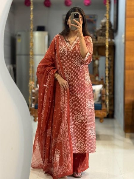 Burnt Red Elegant Embroidery Pure Cotton Straight Suit - BONYHUBSALWAR KAMEEZ