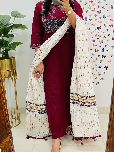 Elegant Maroon Cotton Patch Work Straight Suit Set - BONYHUBSALWAR KAMEEZ