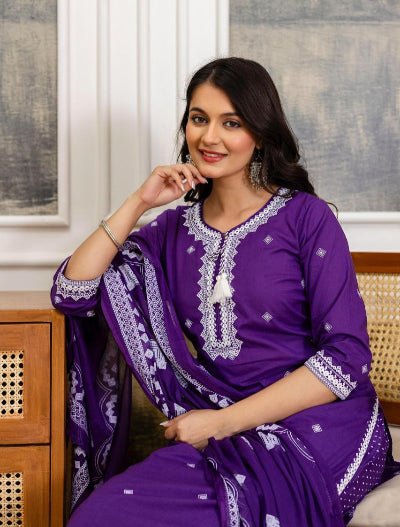 Purple Pure Cotton Embroidered Yoke Straight Suit Set - BONYHUBSALWAR KAMEEZ