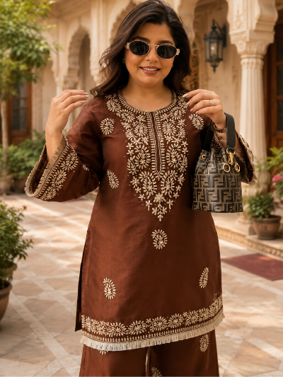 Brown Rayon Embroidered Kurti Pant Set Of 2