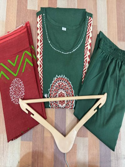 Bottle Green Cotton Handwork Salwar Suit With Red Dupatta - BONYHUBSALWAR KAMEEZ