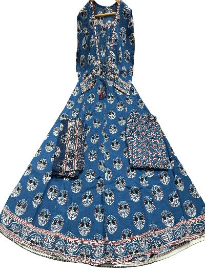 Blue Cotton Angharakha Style Anarkali Suit - BONYHUBSALWAR KAMEEZ