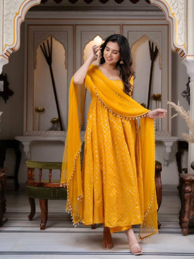 Yellow Chanderi Jacquard Mirror Work Anarkali Suit Set