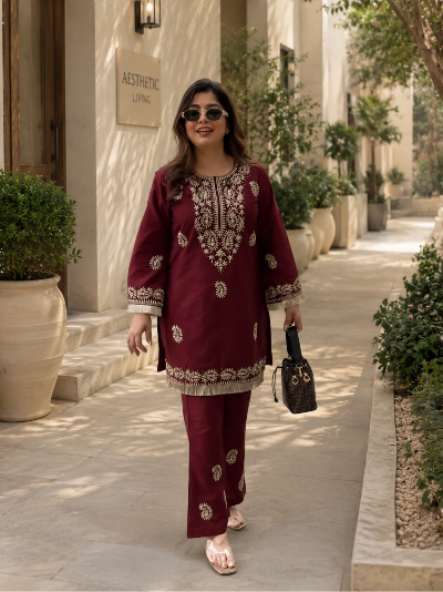 Maroon Rayon Embroidered Kurti Pant Set Of 2