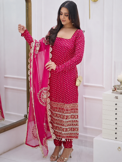 Hot Pink Georgette Bandhani Embroidered Straight Suit For Women