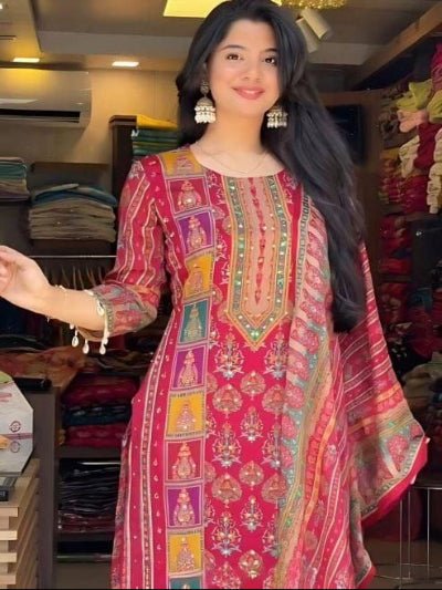 Plus Size Pink Chinon Vibrant Printed Straight Suit Set - BONYHUBSALWAR KAMEEZ