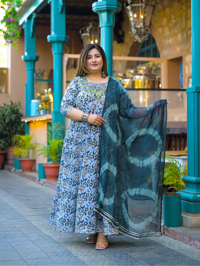 Plus Size Blue Embroidered Anarkali Kurti Dupatta Set of 2