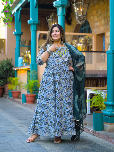 Plus Size Blue Embroidered Anarkali Kurti Dupatta Set of 2