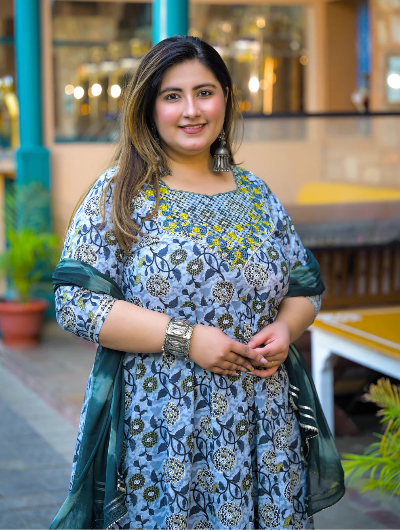 Plus Size Blue Embroidered Anarkali Kurti Dupatta Set of 2