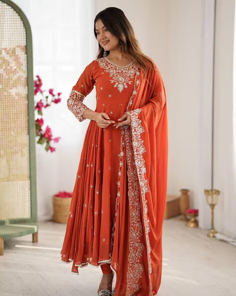 Orange Embroidery Sequence Moti Work Anarkali Suit Set