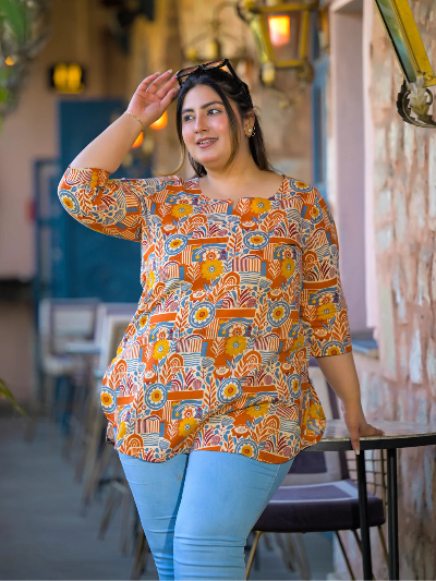 Plus Size Orange Cotton Printed Top