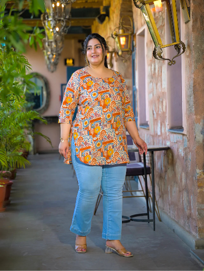 Plus Size Orange Cotton Printed Top